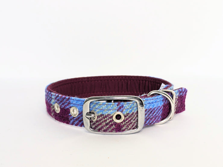 Burgundy and Blue Check -Buckle Fastening Luxury Harris Tweed Dog Collar