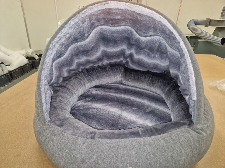 Grey Deluxe Comfort Cocoon Dog Bed with New Grey Faux Fur Interior