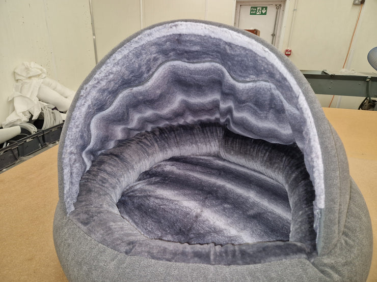 Grey Deluxe Comfort Cocoon Dog Bed with New Grey Faux Fur Interior