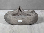 Grey Classic Cocoon Dog Bed with soft faux fur hood partially open by Collared Creatures