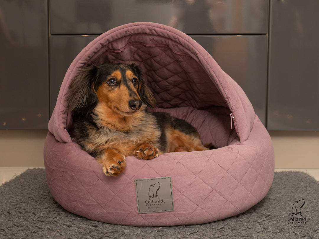 Dusky Pink Quilted Velour Deluxe Comfort Cocoon Dog Bed